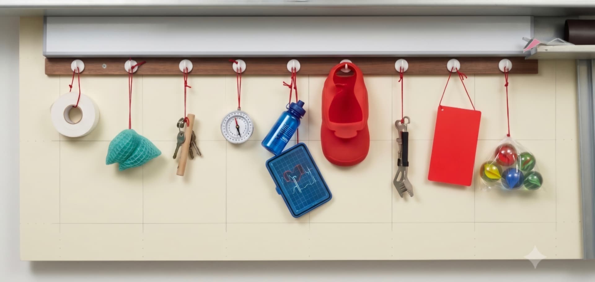 Strukturiertes Materialboard mit Gegenständen an festen Plätzen — klare Struktur gibt Orientierung