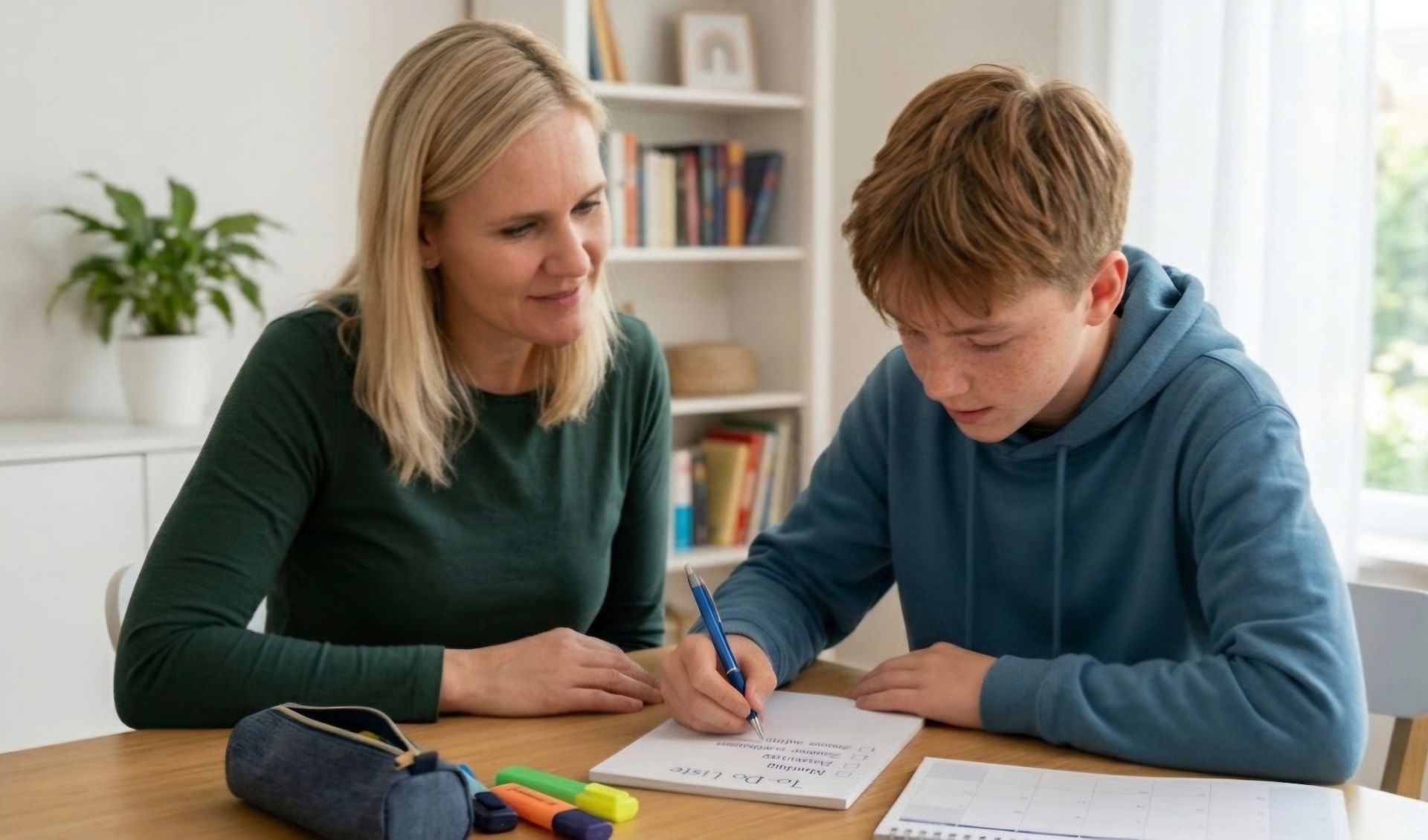 Mutter unterstützt ihr Kind beim Schreiben der To-Do-Liste am Tisch zu Hause