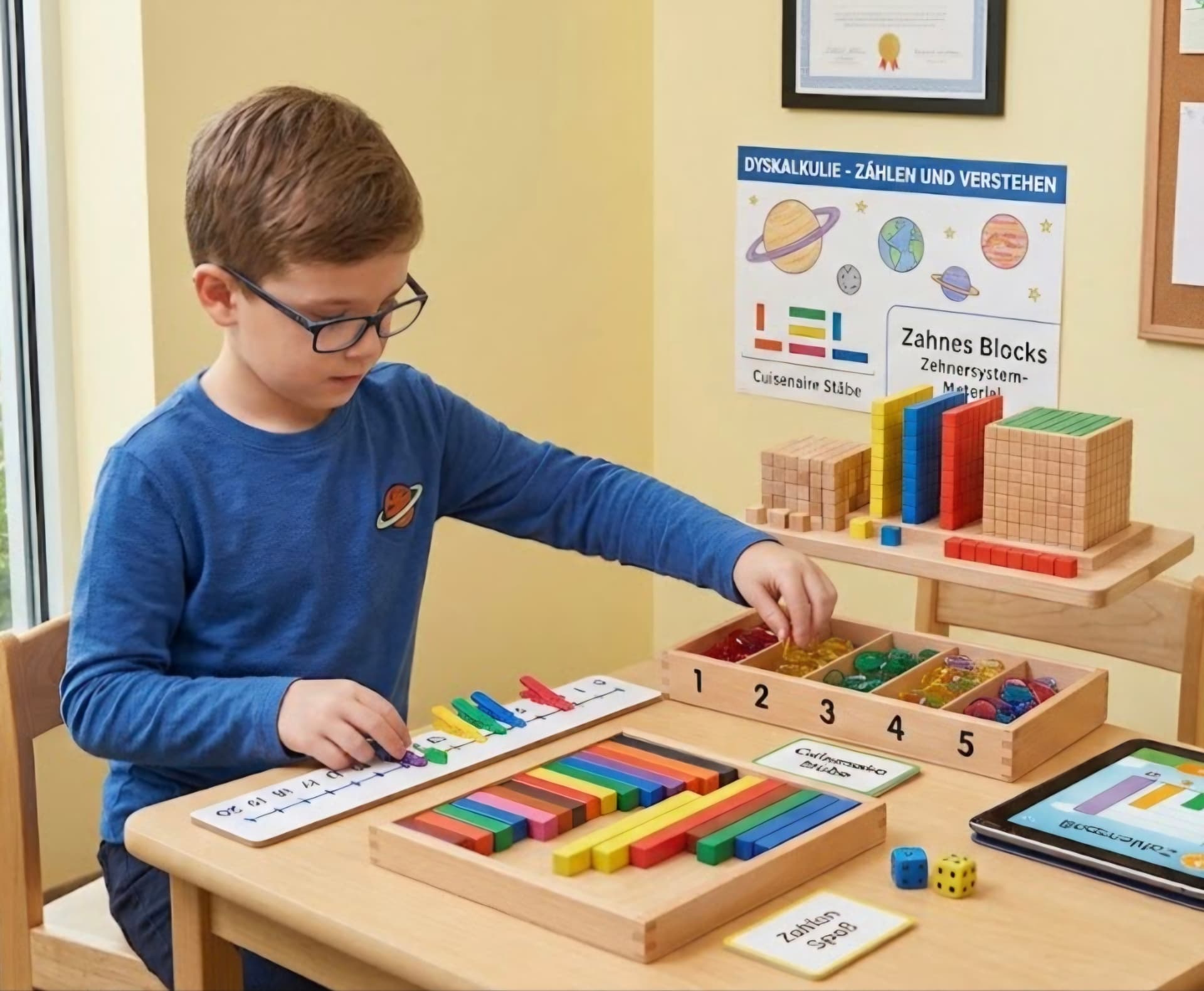Kind arbeitet mit Montessori-Rechenmaterial im Dyskalkulie-Training